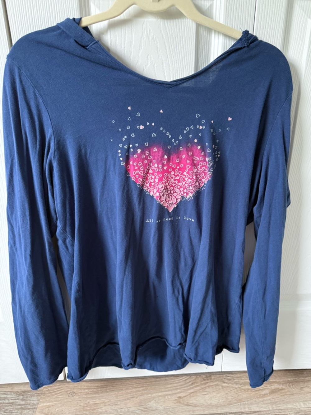 Life is Good Navy Hoodie Top with Pink Heart Graphic All you need is love